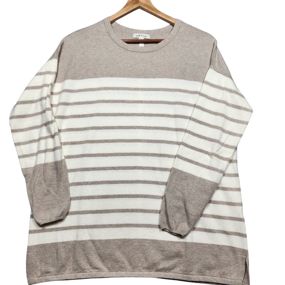 Womens Orvis Tan and White Striped Crew Neck Sweater Size Med